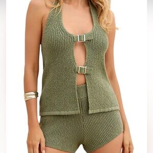 ANTHROPOLOGIE CELANDINE OLIVE KNIT HALTER TOP AND SHORTS SET